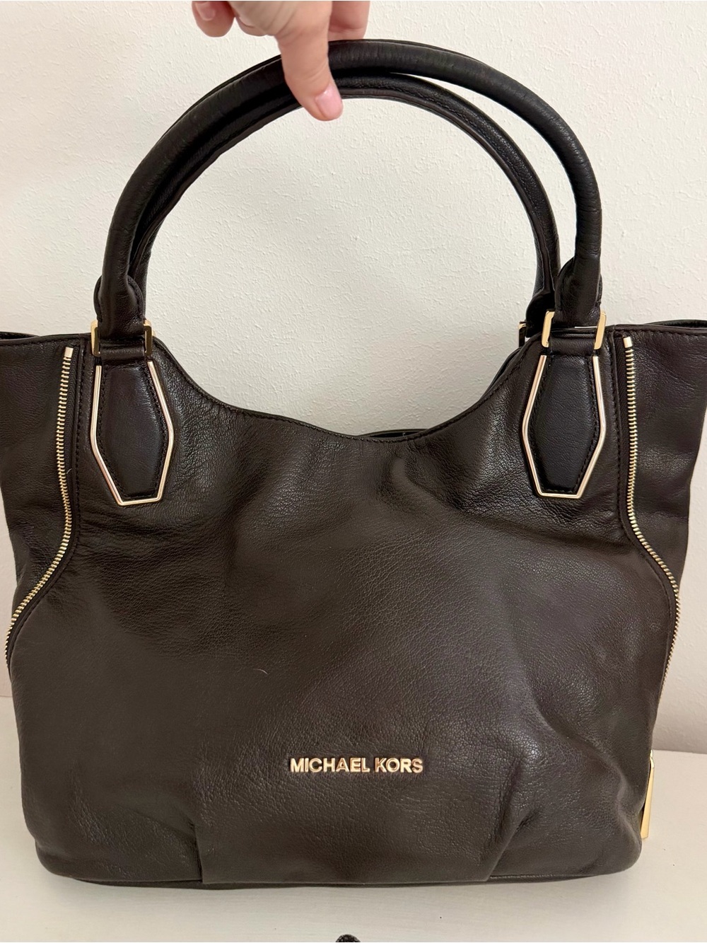 Michael Kors Dark Brown Leather Tote with Gold Accents